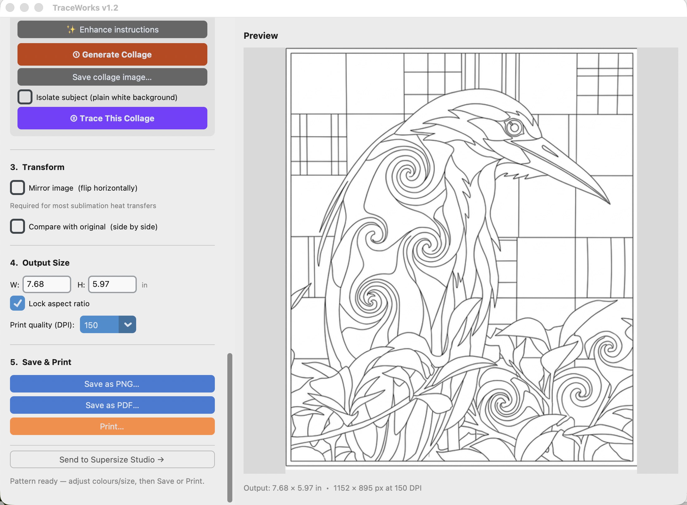 The TraceWorks app showing a finished outline pattern ready to save or print